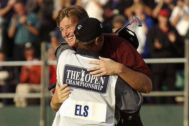 Ricci Roberts congratulates Ernie Els on his dramatic Open triumph in 2002